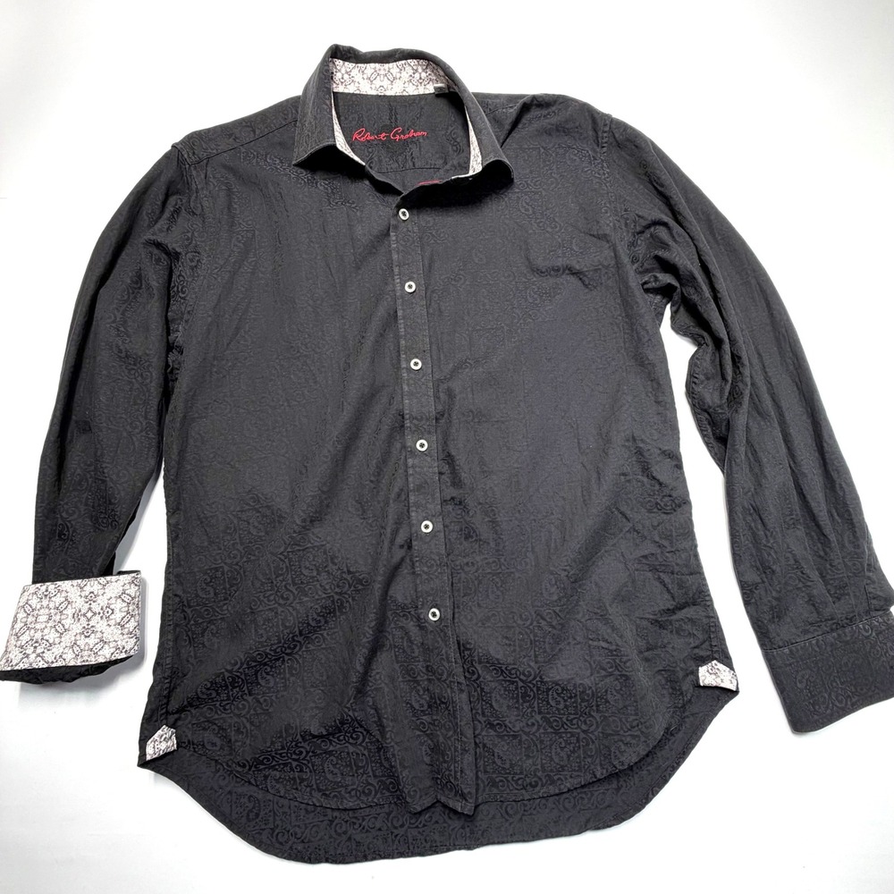 Robert Graham Button Up Shirt Mens L Black Paisley Flip Cuff - Picture 2 of 9